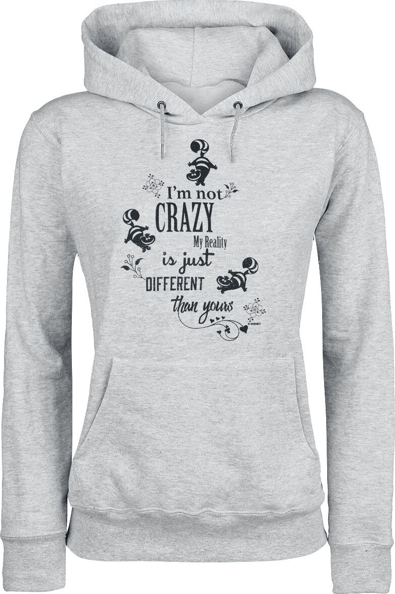 Alice in Wonderland Grinsekatze - I'm Not Crazy Dámská mikina s kapucí prošedivelá - Merchstore.cz Alice in Wonderland Grinsekatze - I'm Not Crazy Dámská mikina s kapucí prošedivelá - Merchstore.cz