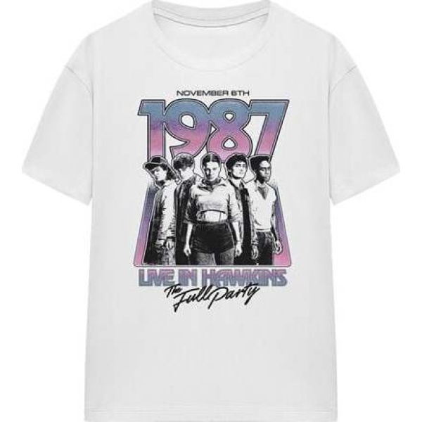 Stranger Things Season 5 - Hawkins 1987 Group Tour Poster Dámské tričko bílá - Merchstore.cz