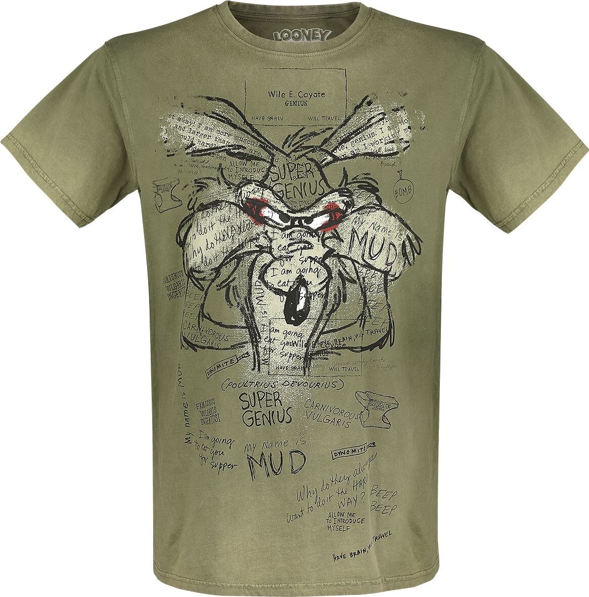Looney Tunes Wile E. Coyote - Inner Thoughts Tričko khaki - Merchstore.cz