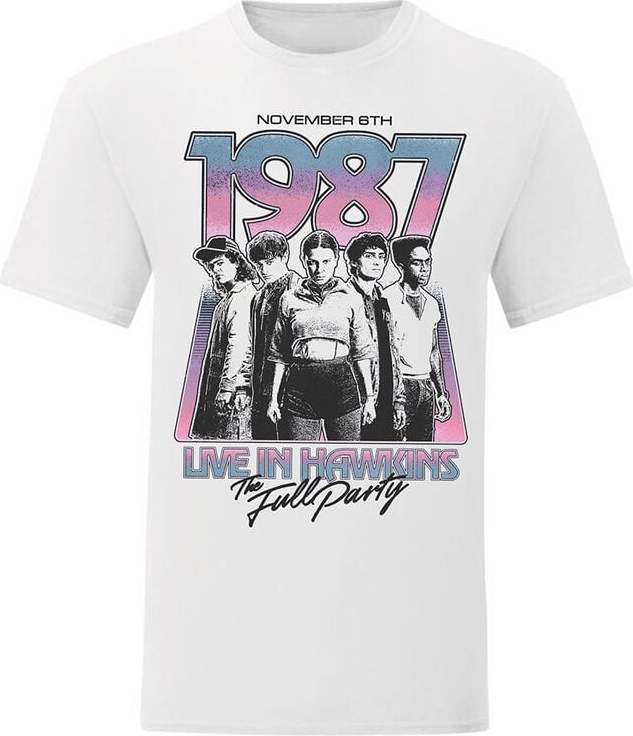 Stranger Things Season 5 - Hawkins 1987 Group Tour Poster Dámské tričko bílá - Merchstore.cz